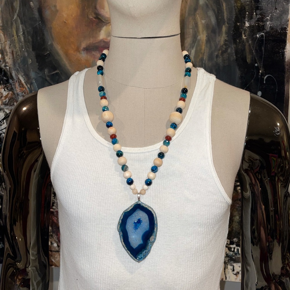 Hand crafted wood and stone beaded necklace w/geo